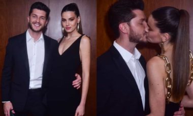 Camila Queiroz e Klebber Toledo trocam beijos em evento em SP
