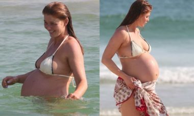 Cíntia Dicker exibe barrigão na reta final de gravidez em praia do RJ