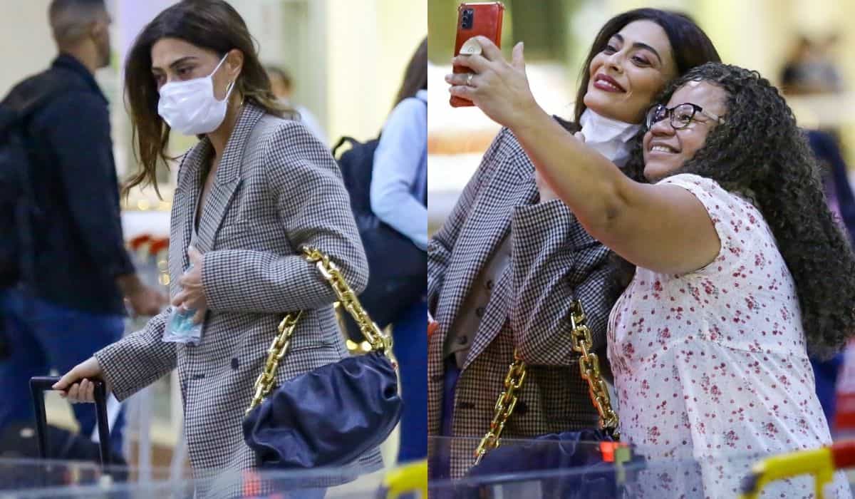 Juliana Paes tira foto com fãs ao ser flagrada em aeroporto do RJ