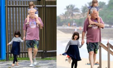 Pedro Bial curte passeio com as filhas pela orla da praia do RJ