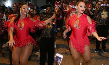 Viviane Araujo cai no samba em ensaio de rua da Salgueiro
