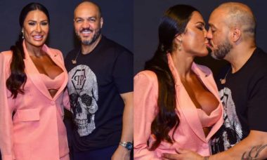 Belo troca beijos com Gracyanne Barbosa ao inaugurar seu bar
