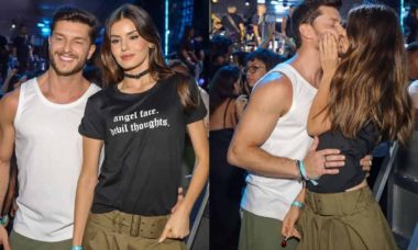 Camila Queiroz e Klebber Toledo posam aos beijos em show no RJ