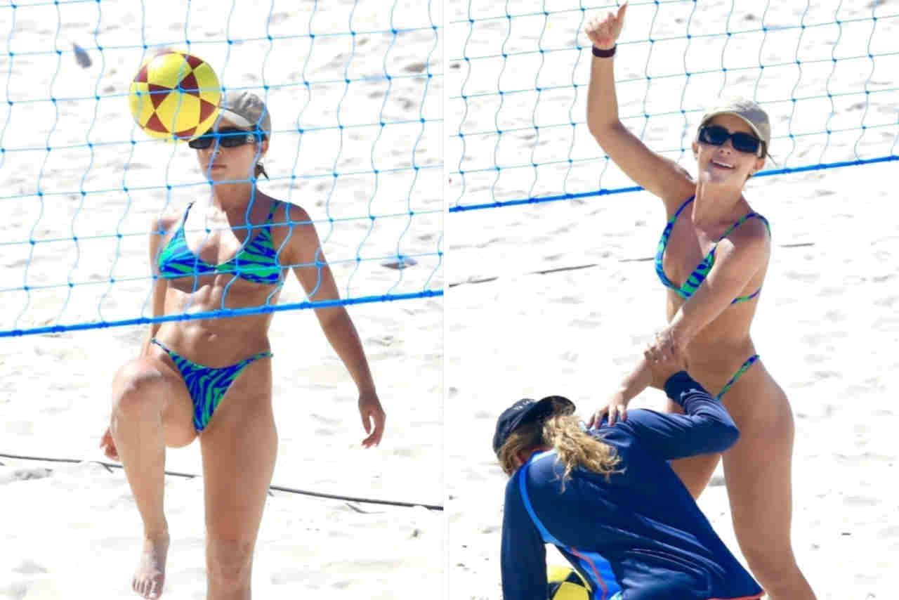 Jade Picon joga futevôlei em dia de praia no Rio de Janeiro