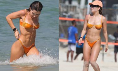 Jade Picon ostenta abdômen tanquinho ao curtir praia no RJ