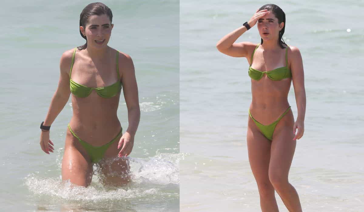 Jade Picon é flagrada se refrescando em dia de praia no RJ