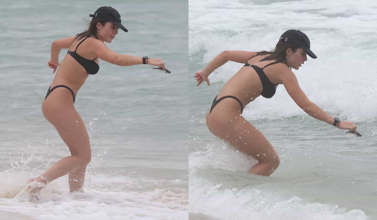 Jade Picon é flagrada salvando peixinho em uma praia do RJ