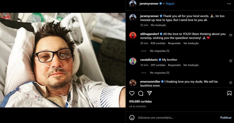 Do hospital, Jeremy Renner posta clique e agradece fãs: 'envio meu amor' (Foto: Reprodução/Instagram)