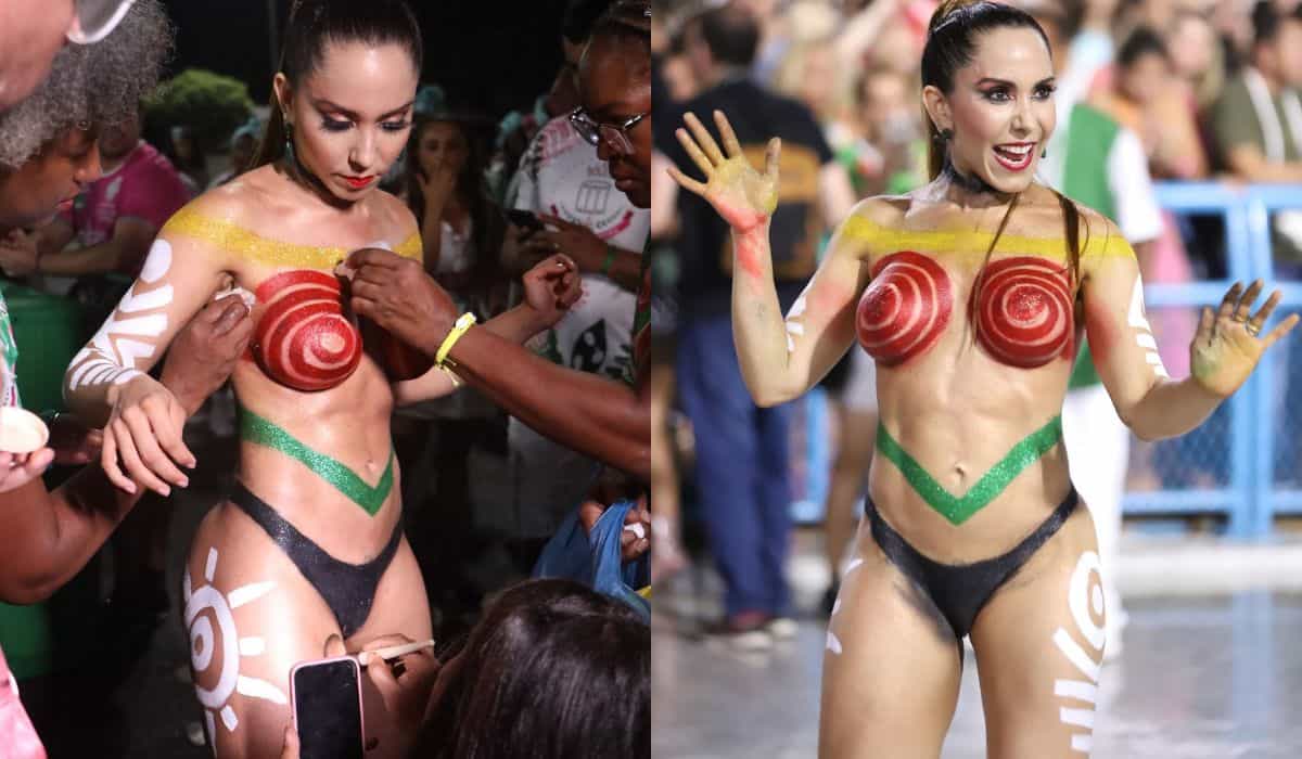 Mulher Melão desfila com corpo pintado em ensaio para o Carnaval