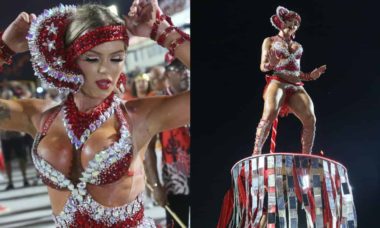 Thalita Zampirolli samba 'nas alturas' em ensaio na Sapucaí