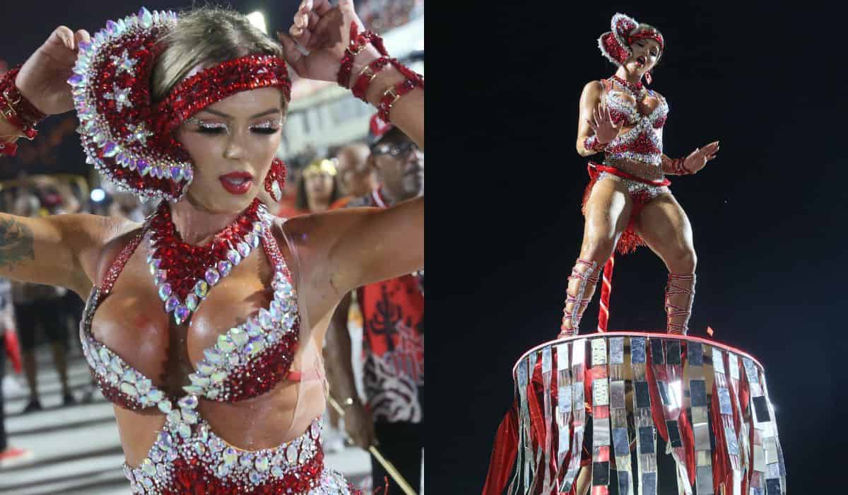 Thalita Zampirolli samba 'nas alturas' em ensaio na Sapucaí