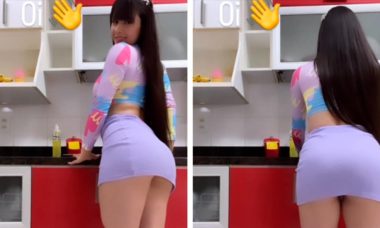 VÍDEO: Juliana Caetano lava a louça de saia e quase mostra demais