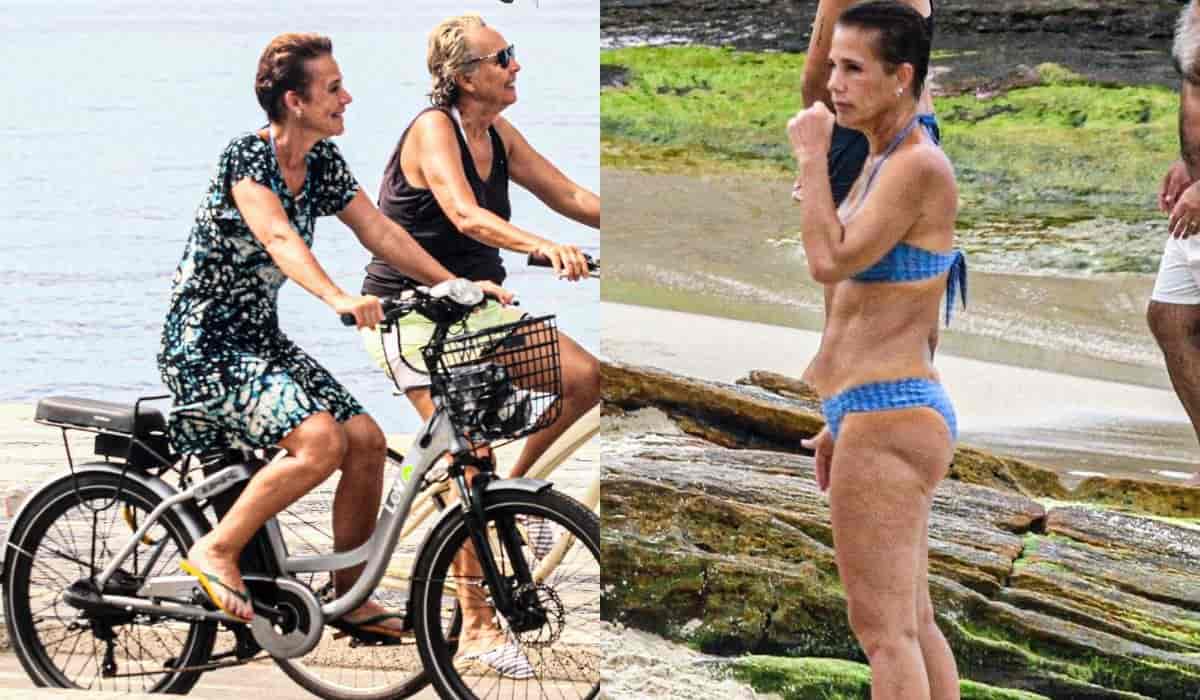 Ex-Paquita, Andrea Veiga curte praia e pedala na orla de Ipanema