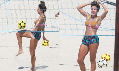 Bárbara Coelho, do 'Esporte Espetacular', joga futevôlei em praia do RJ