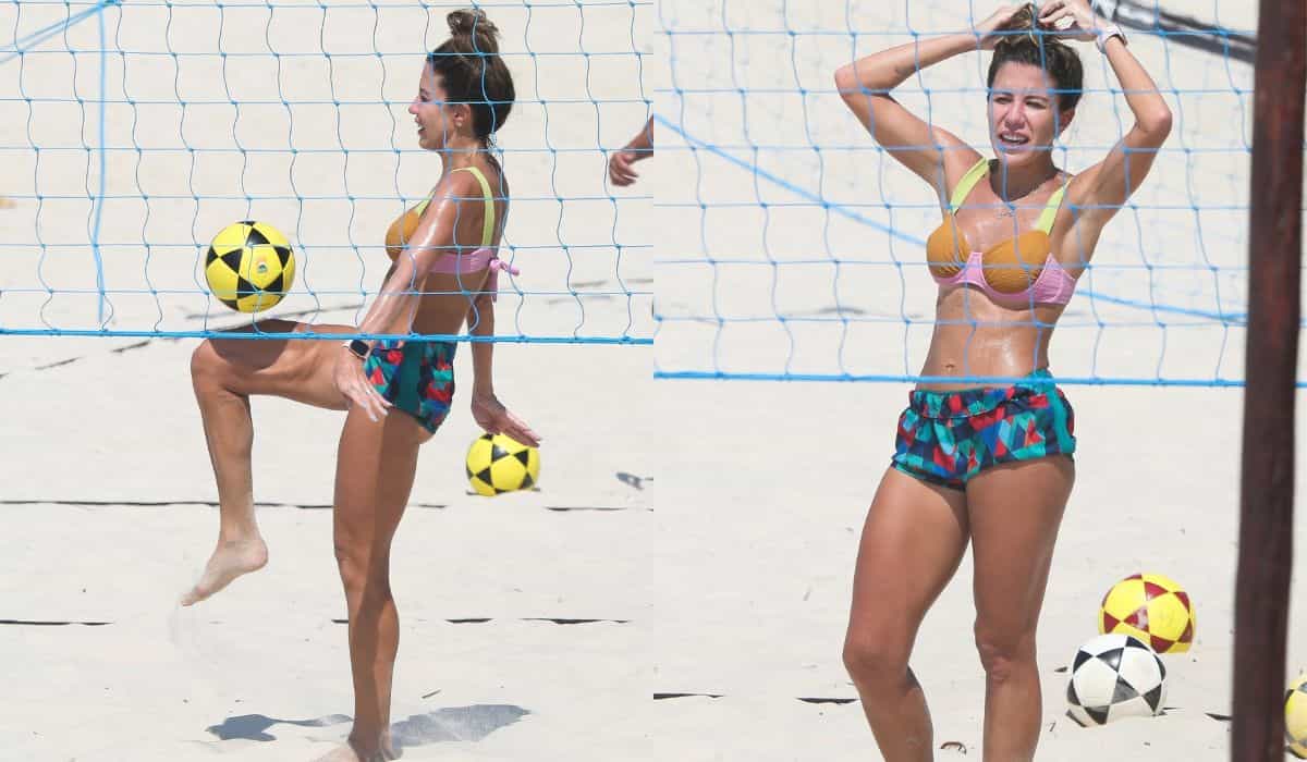Bárbara Coelho, do 'Esporte Espetacular', joga futevôlei em praia do RJ