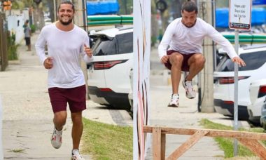 Bruno Gissoni é flagrado pulando obstáculo ao correr pelo RJ