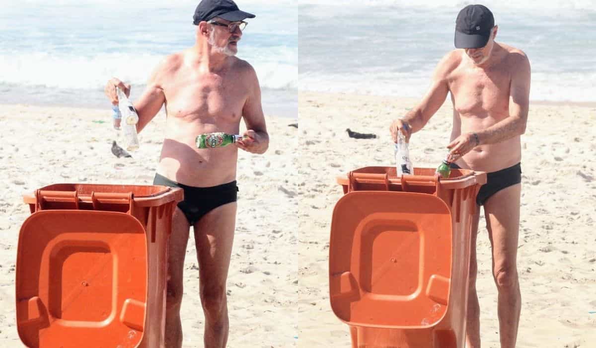 Exemplo! Marcos Caruso recolhe lixo ao curtir praia em Ipanema