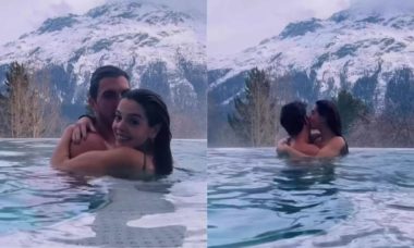 Giovanna Lancellotti beija muito namorado em piscina na Suíça