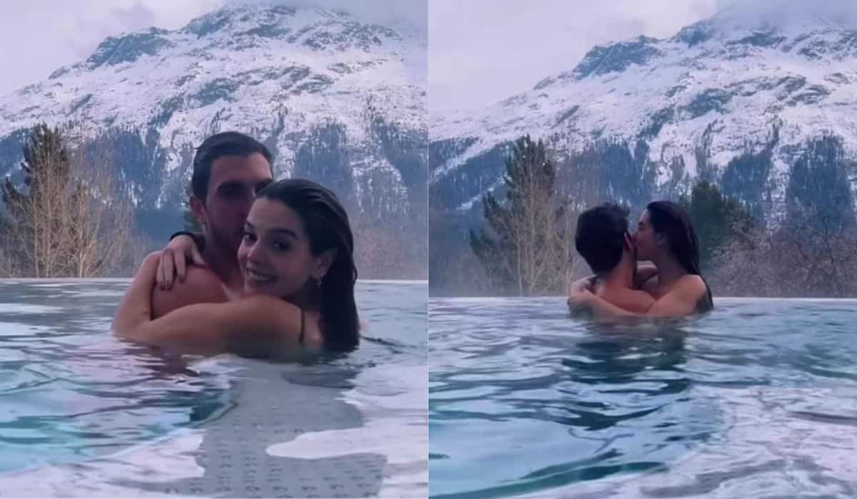 Giovanna Lancellotti beija muito namorado em piscina na Suíça