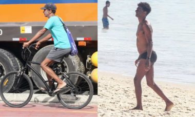 Hélio de Lã Pena passeia de bike e curte dia de praia no RJ