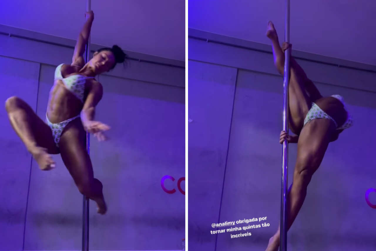 De biquíni, Gracyanne Barbosa exibe flexibilidade no pole dance