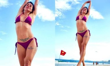 Carol Castro posa de biquíni ao curtir praia: 'alto risco'