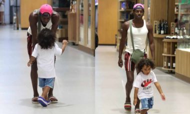 Jonathan Azevedo passeia com o filho por shopping do RJ