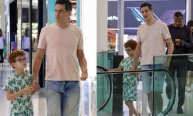 Mateus Solano passeia com o filho por shopping do RJ