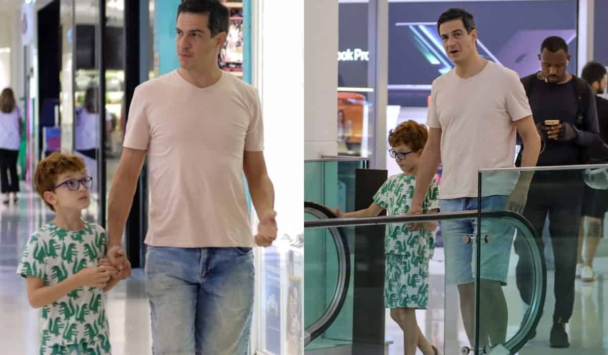 Mateus Solano passeia com o filho por shopping do RJ