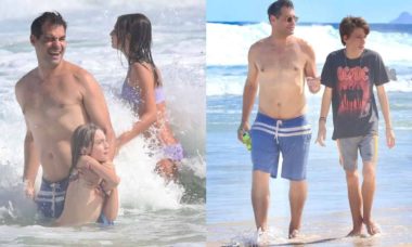 Thiago Lacerda curte dia de praia com os filhos no RJ