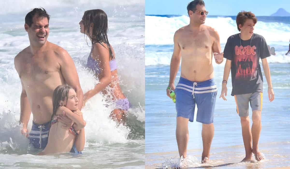 Thiago Lacerda curte dia de praia com os filhos no RJ