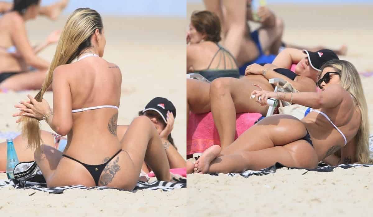 De fio-dental, Yasmin Brunet exibe tattoo no bumbum ao curtir praia no RJ