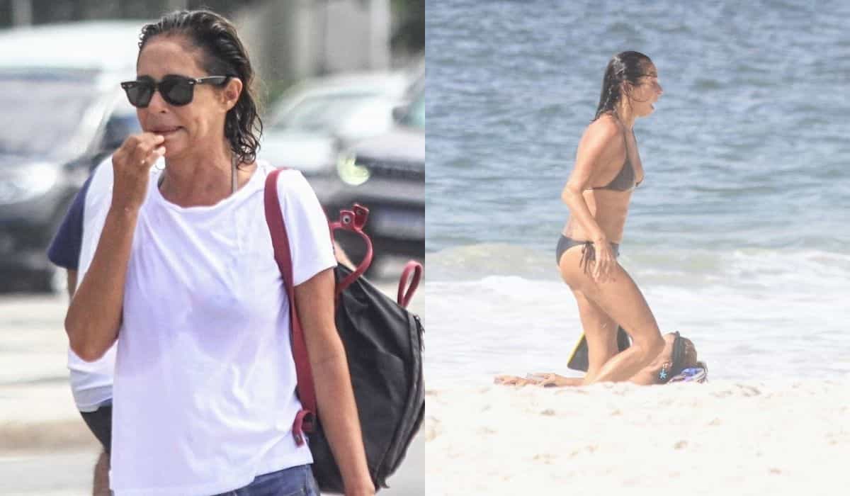 Andréa Beltrão faz aula de natação na praia de Copacabana