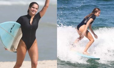 Isabella Santoni curte dia de surfe na praia da Barra da Tijuca