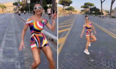 Sabrina Sato elege look colorido para dançar pelas ruas de Roma