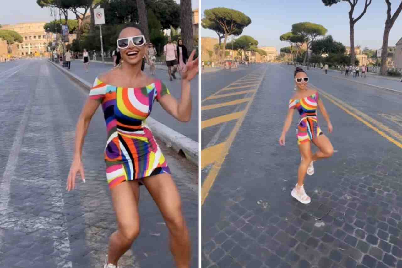 Sabrina Sato elege look colorido para dançar pelas ruas de Roma