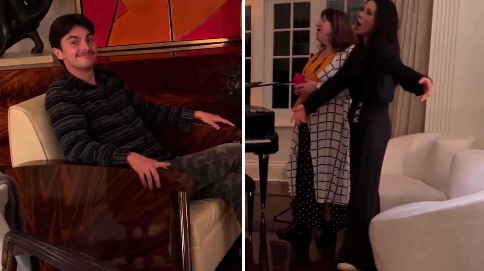 Syn Catherine Zeta-Jones vypadá zmateně, když vidí svou matku zpívat velšské písně s přáteli