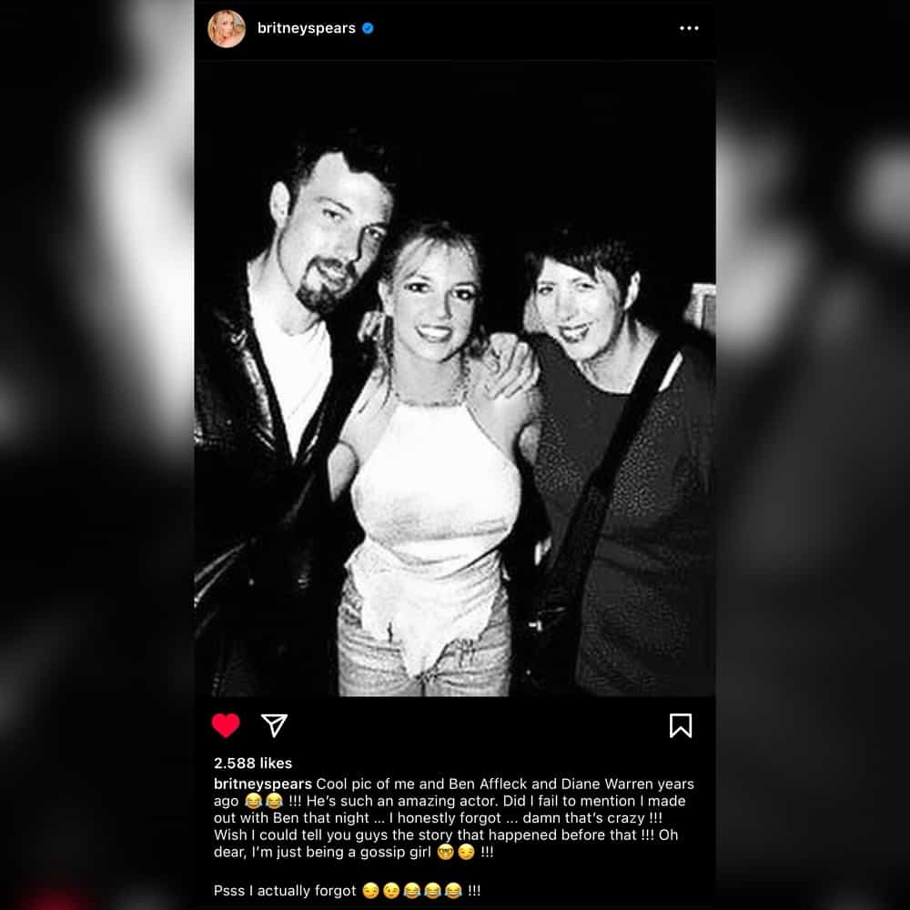 Britney Spears onthult dat ze romantisch betrokken is geweest bij Ben Affleck en voor controverse heeft gezorgd (Instagram / @britneyspears)