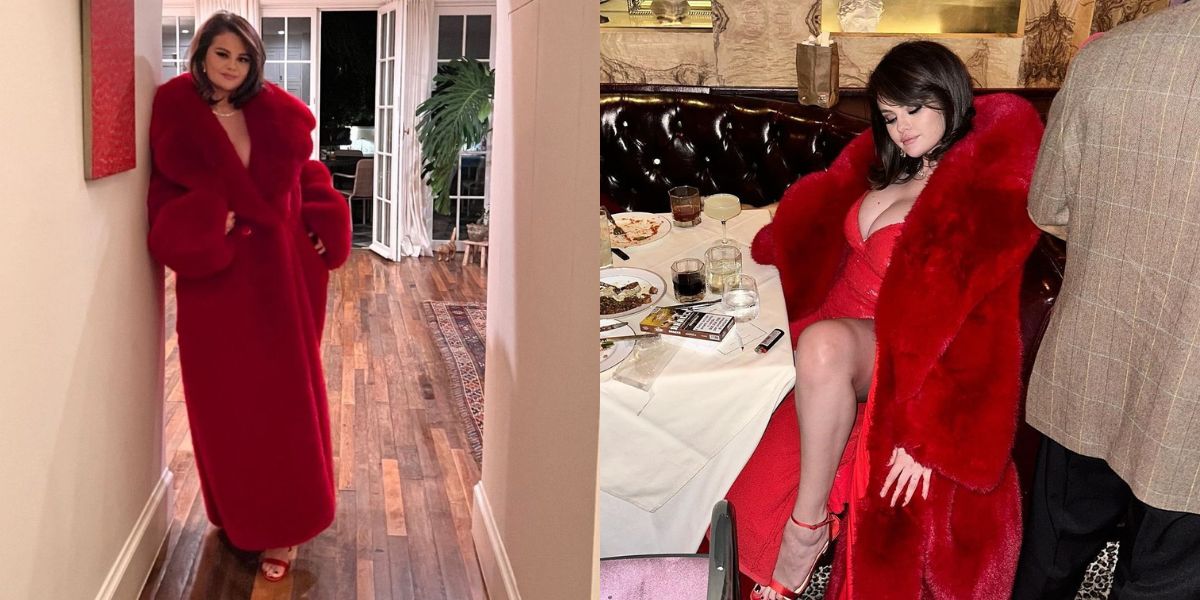 Selena Gomez usa vestido e casaco vermelho luxuoso para comemorar o aniversário do namorado