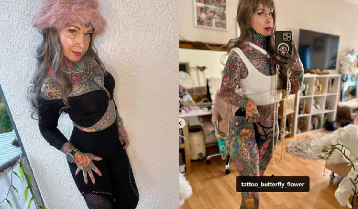 Frau zeigt die vielen bunten Tattoos auf ihrem Körper im Wert von über 31.000 US-Dollar (Instagram / @tattoo_butterfly_flower)