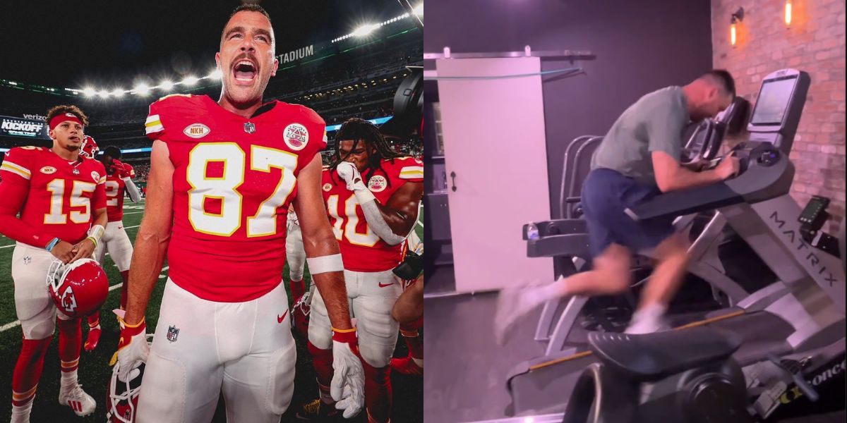 La stella della NFL Travis Kelce mostra il suo fisico in una routine di allenamento condivisa in un video dall'allenatore Laurence Justin Ng.