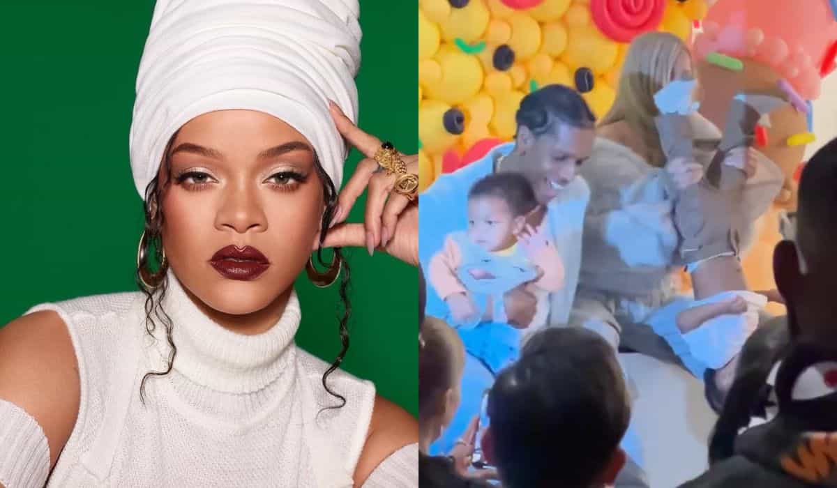 Zpěvačka Rihanna drží syna hlavou dolů při oslavě narozenin a vyvolává debatu na webu. Foto: Reprodukce Instagram @badgalriri | Twitter @DailyLoud