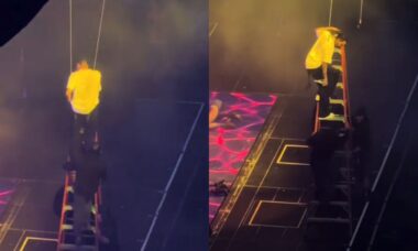 Chris Brown fica preso por cabos durante show e precisa de escada para resgate