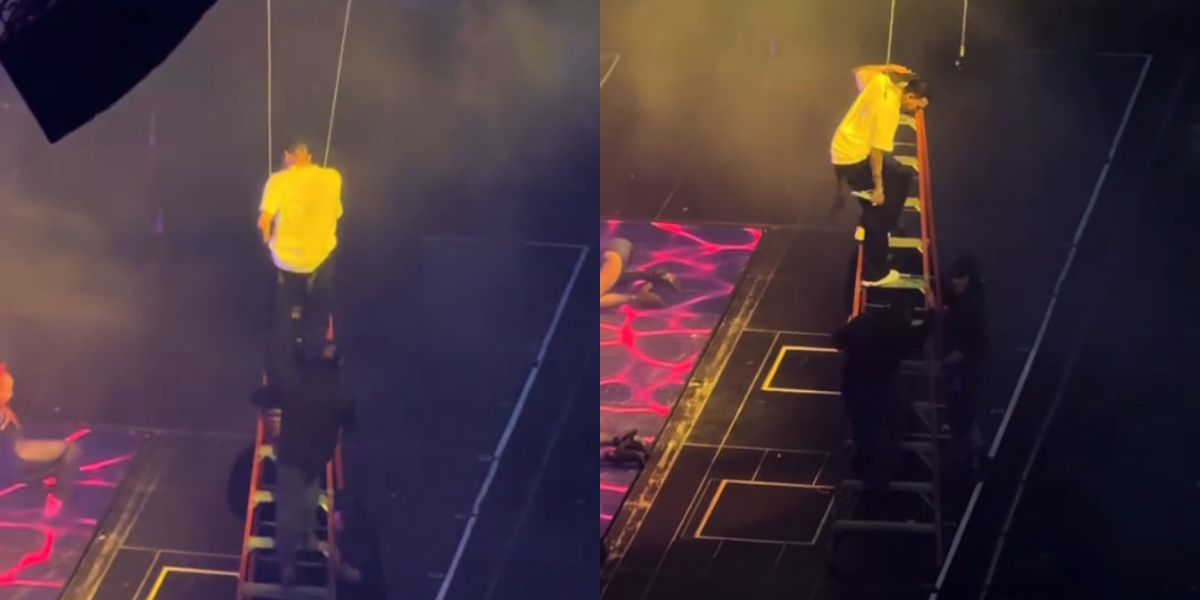 Chris Brown gets stuck in cables during show and needs a ladder for rescue