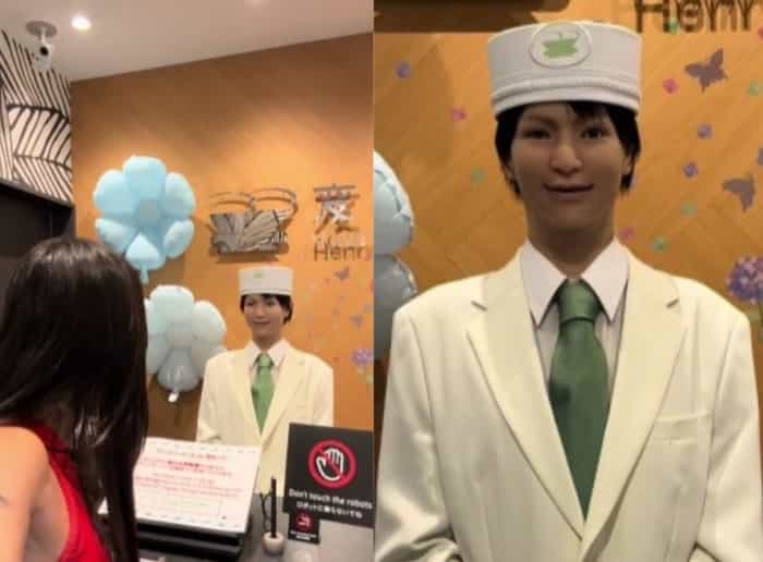 En spansk turist er sjokkert over å bli møtt av roboter på et hotell i Japan. Foto: Reproduksjon TikTok @carladomenechp