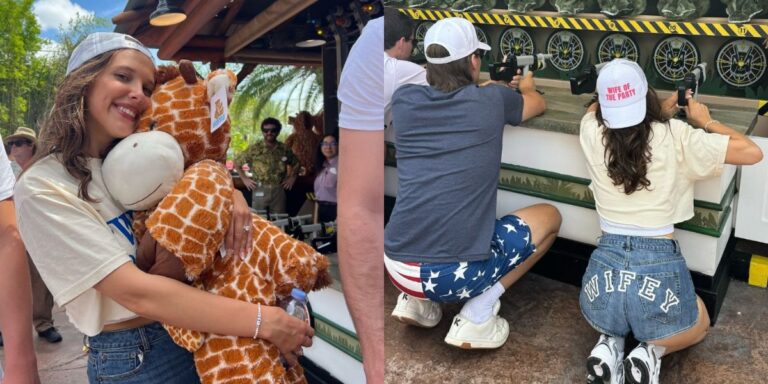 Millie Bobby Brown wears thematic shorts during visit to Universal ...