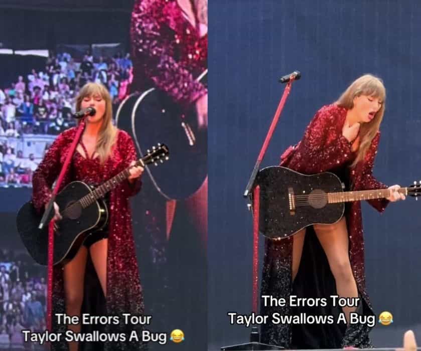 Taylor Swift die een insect inslikt tijdens 'The Eras Tour' show in Londen (TikTok / cam_harris_)