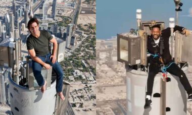 Will Smith sobe no topo Burj Khalifa e fica desesperado enquanto Tom Cruise posa tranquilo