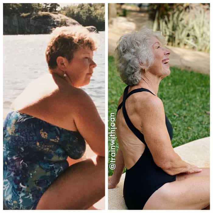 Før og efter Joan MacDonald: som 48-årig vs. som 78-årig (Instagram / @trainwithjoan)