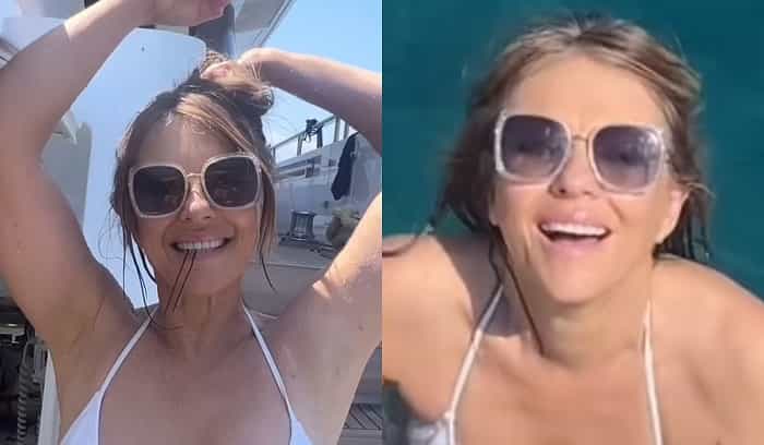 Ve 59 letech Elizabeth Hurley předvádí impozantní postavu v bílé bikinách (Instagram / @elizabethhurley1)